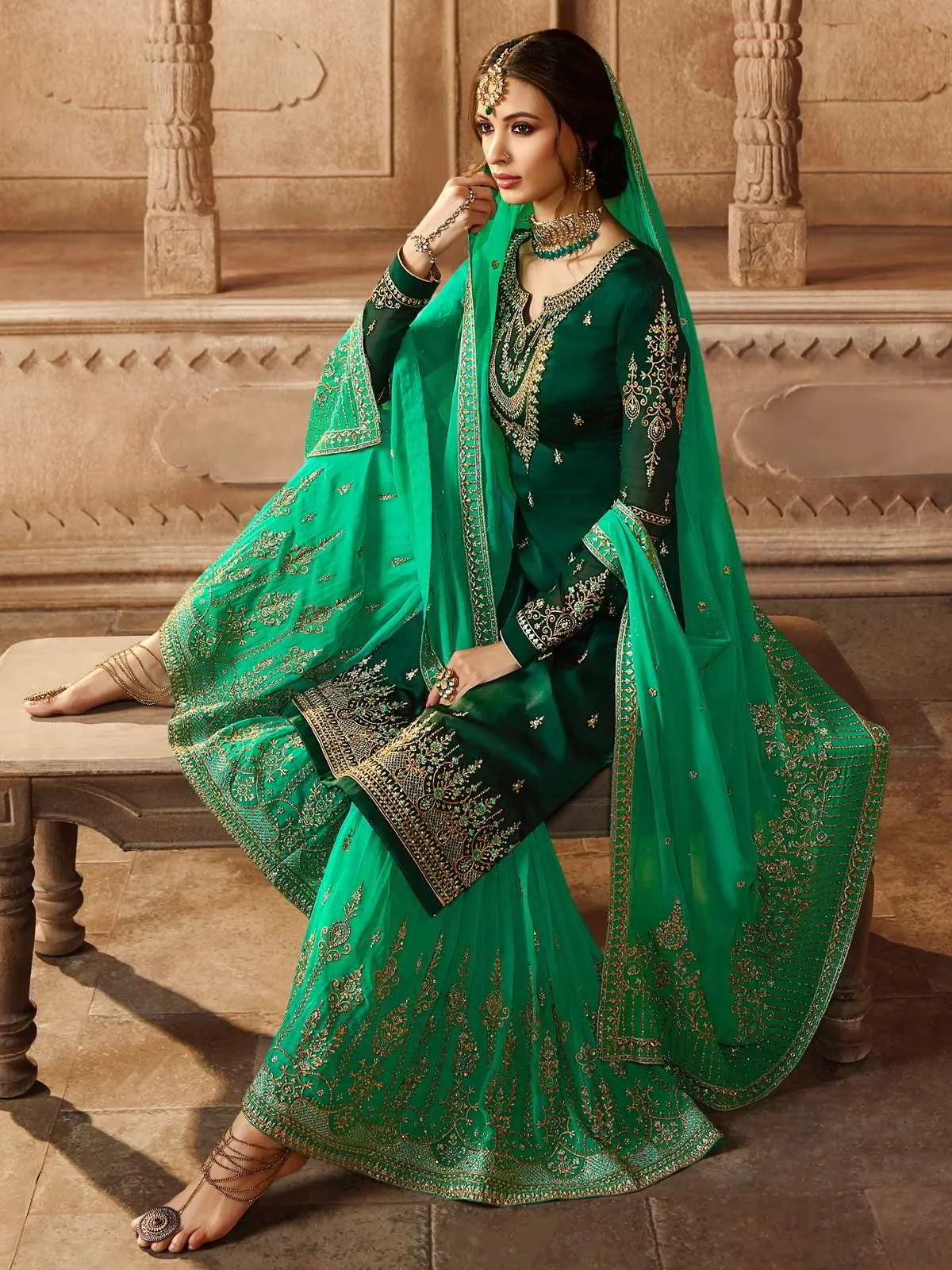 Green Dual Tone Embroidered Pakistani Gharara Suit