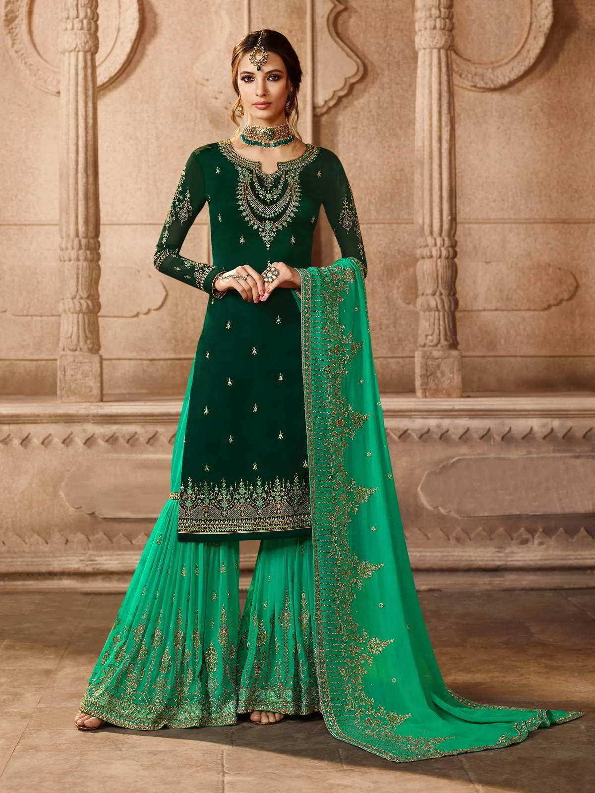 Green Dual Tone Embroidered Pakistani Gharara Suit