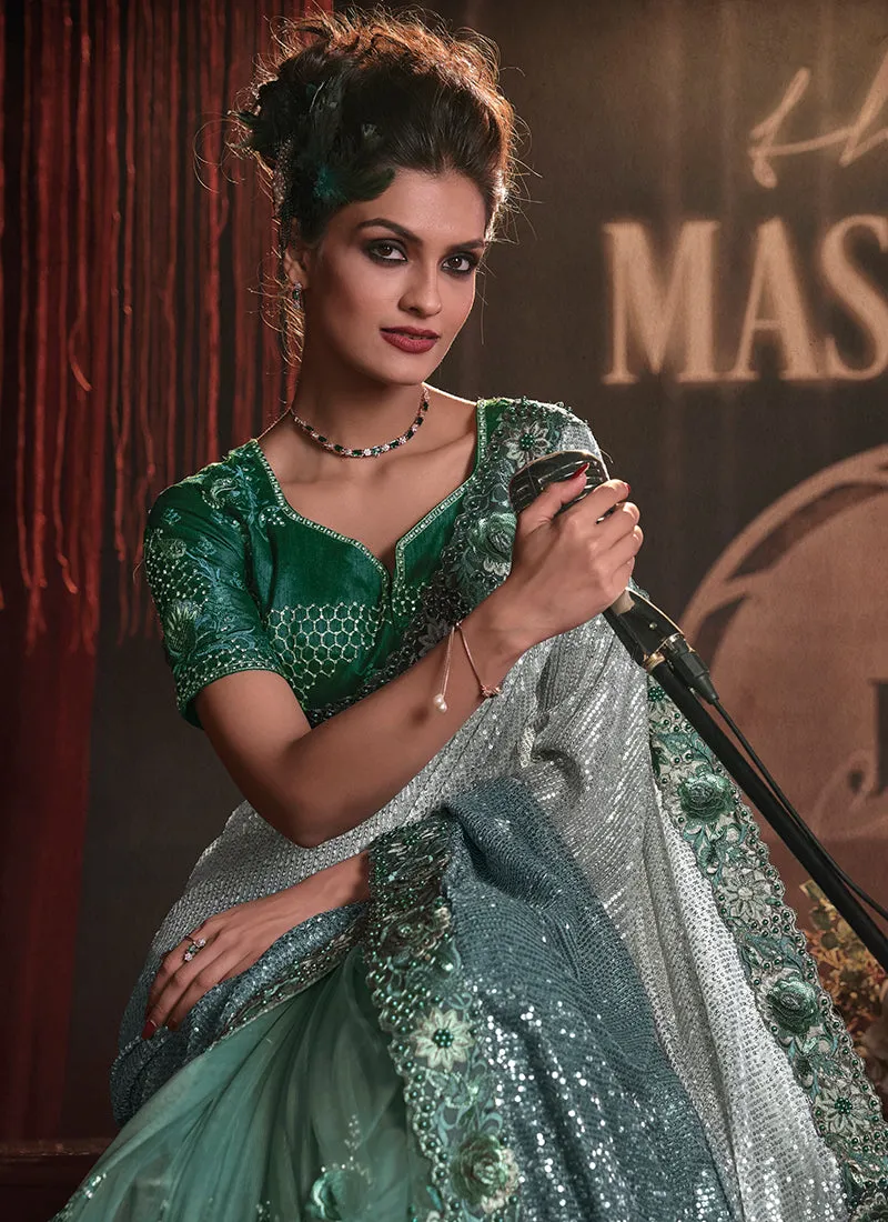 Green Sequence And Appliqué Embroidery Wedding Saree