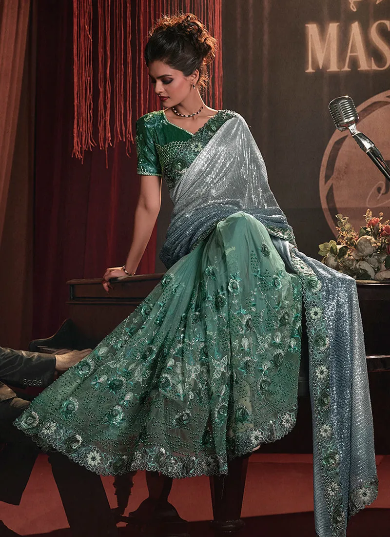 Green Sequence And Appliqué Embroidery Wedding Saree