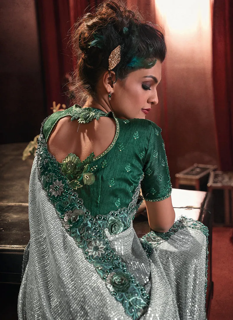 Green Sequence And Appliqué Embroidery Wedding Saree