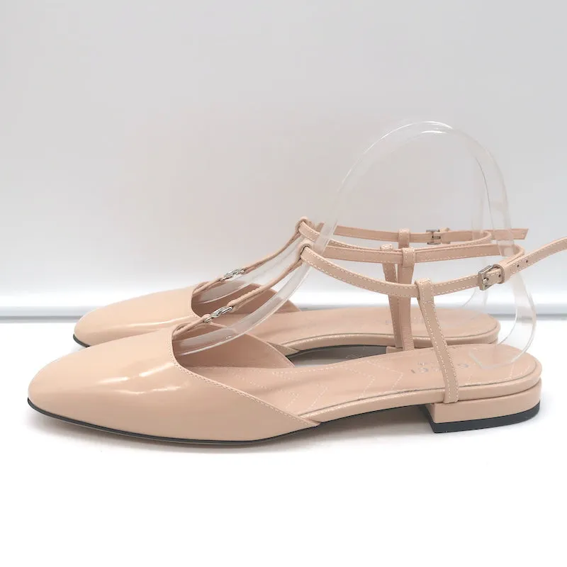 Gucci Double G T-Strap Ballet Flats Nude Patent Leather Size 37.5 NEW