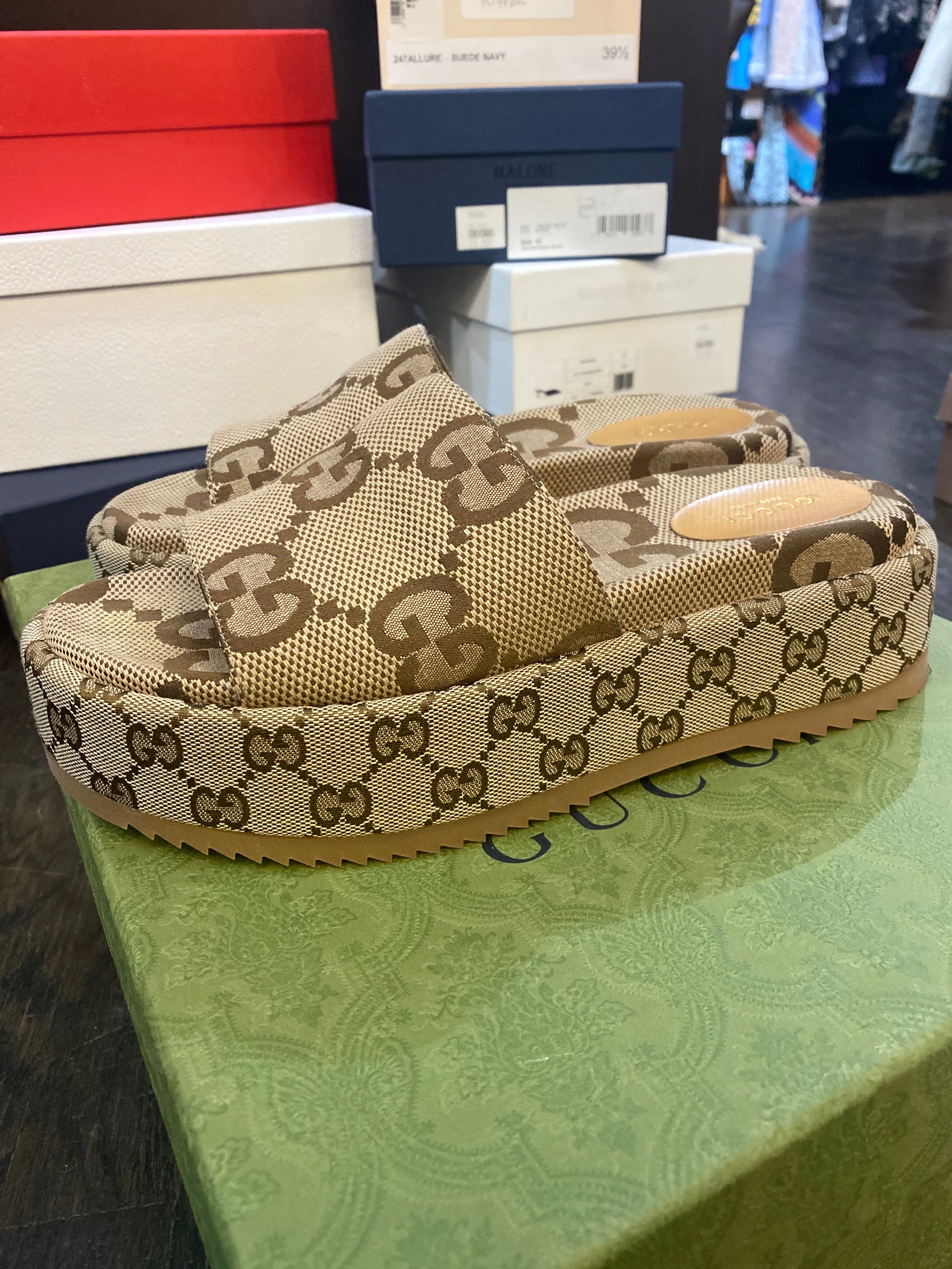 Gucci Tan Fabric single Strap Platform Slides