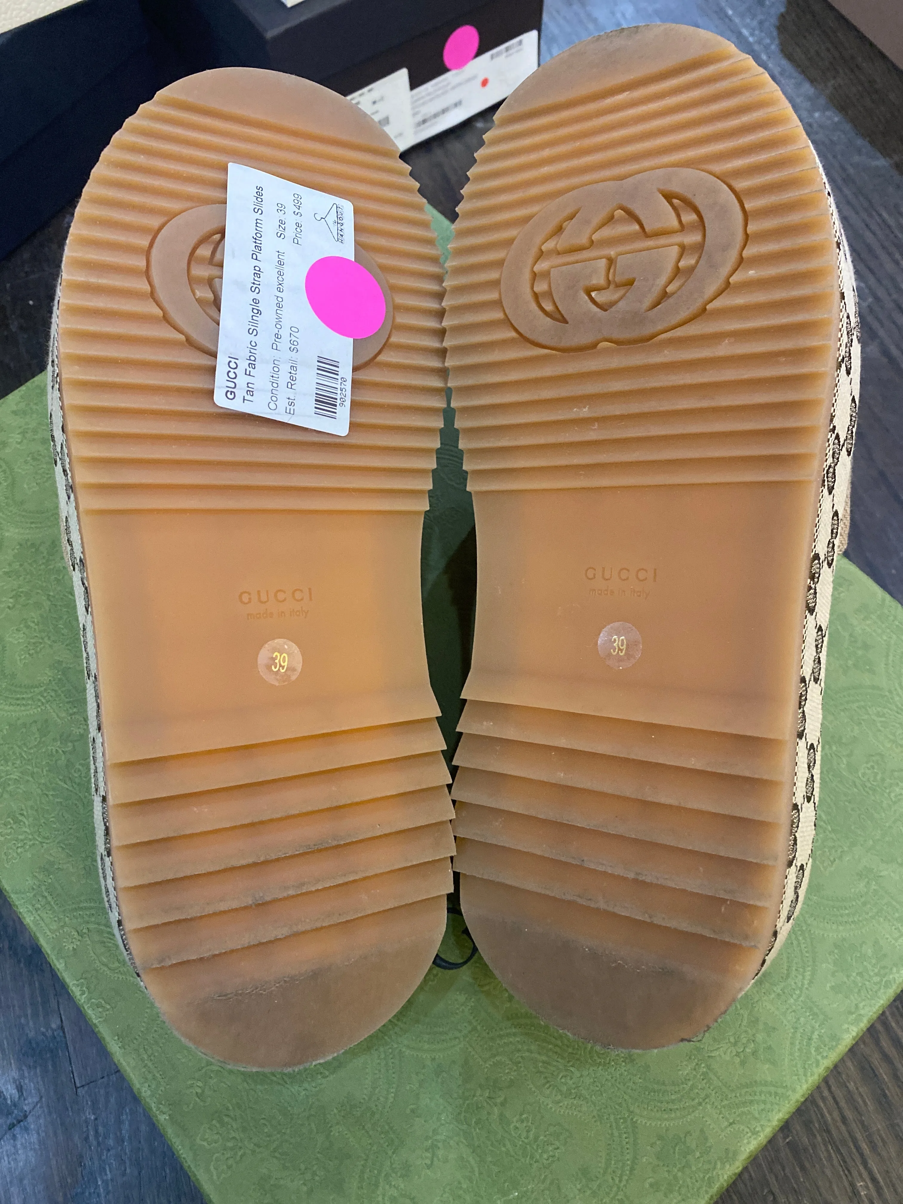 Gucci Tan Fabric single Strap Platform Slides