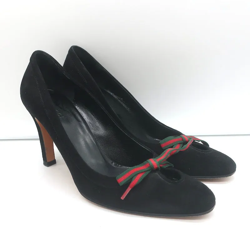 Gucci Web Bow Keyhole Pumps Black Suede Size 8
