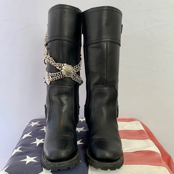 HARLEY-DAVIDSON Alexa Black Leather Lace Up Zip Tall Knee High Biker Moto Boots