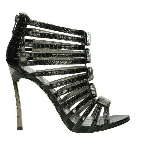 Heels Caged Stilettos Strappy Open Toe Back Zip Embellished Gem Stones Black 8.5