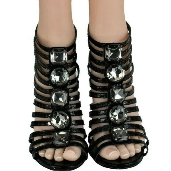 Heels Caged Stilettos Strappy Open Toe Back Zip Embellished Gem Stones Black 8.5
