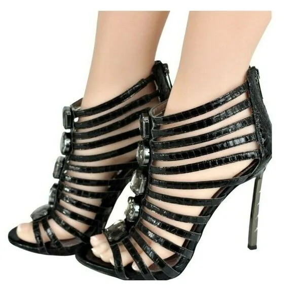 Heels Caged Stilettos Strappy Open Toe Back Zip Embellished Gem Stones Black 8.5