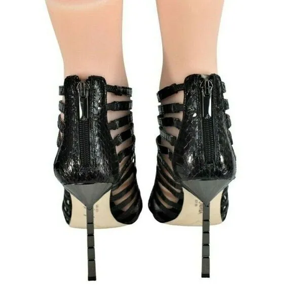 Heels Caged Stilettos Strappy Open Toe Back Zip Embellished Gem Stones Black 8.5
