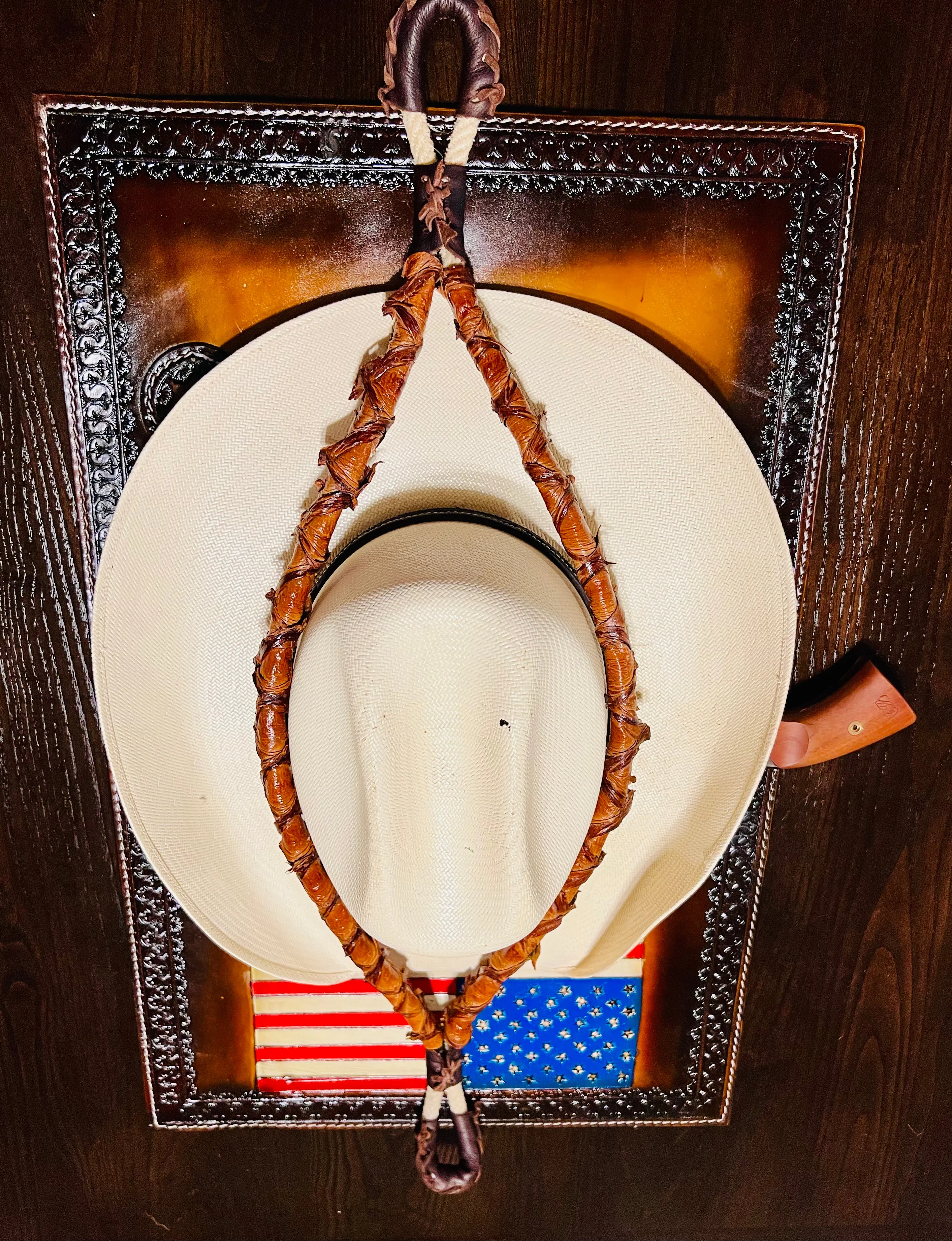 Jesse Marroquin’s Red, White, & Blue Edition Gun Holster Cowboy Hat Rack.