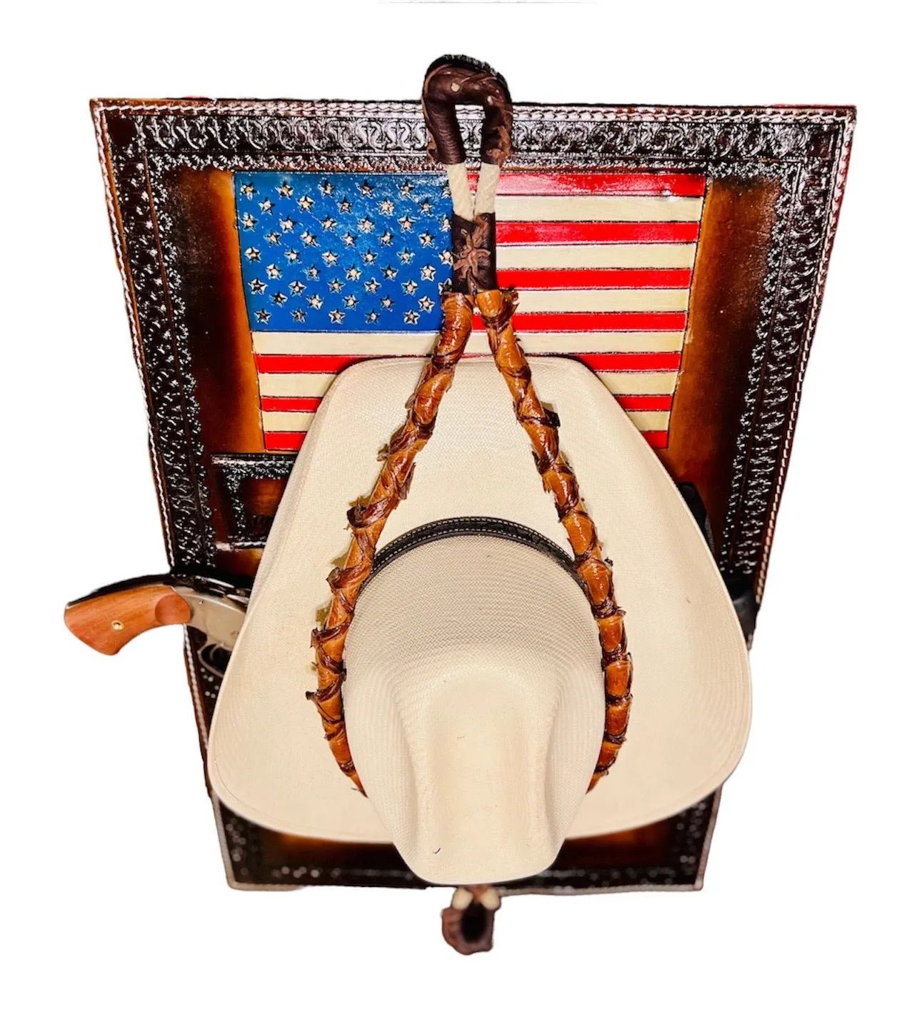 Jesse Marroquin’s Red, White, & Blue Edition Gun Holster Cowboy Hat Rack.