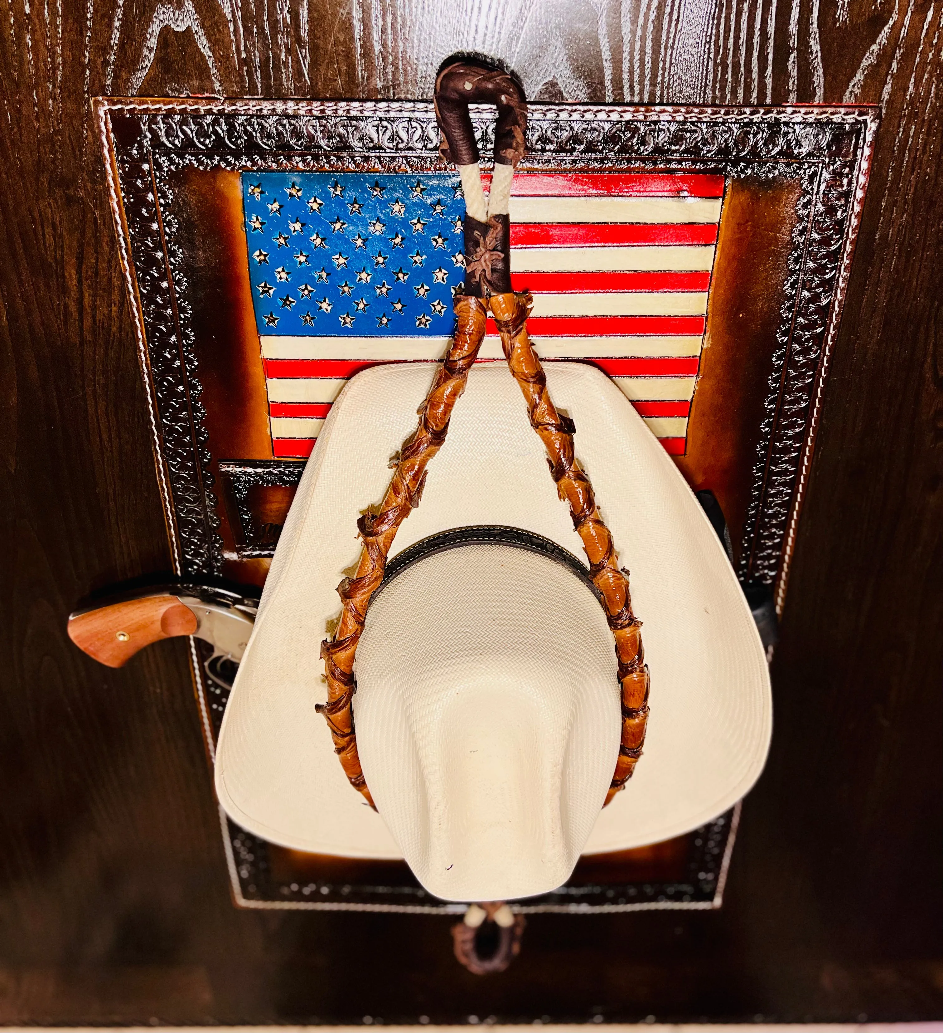 Jesse Marroquin’s Red, White, & Blue Edition Gun Holster Cowboy Hat Rack.