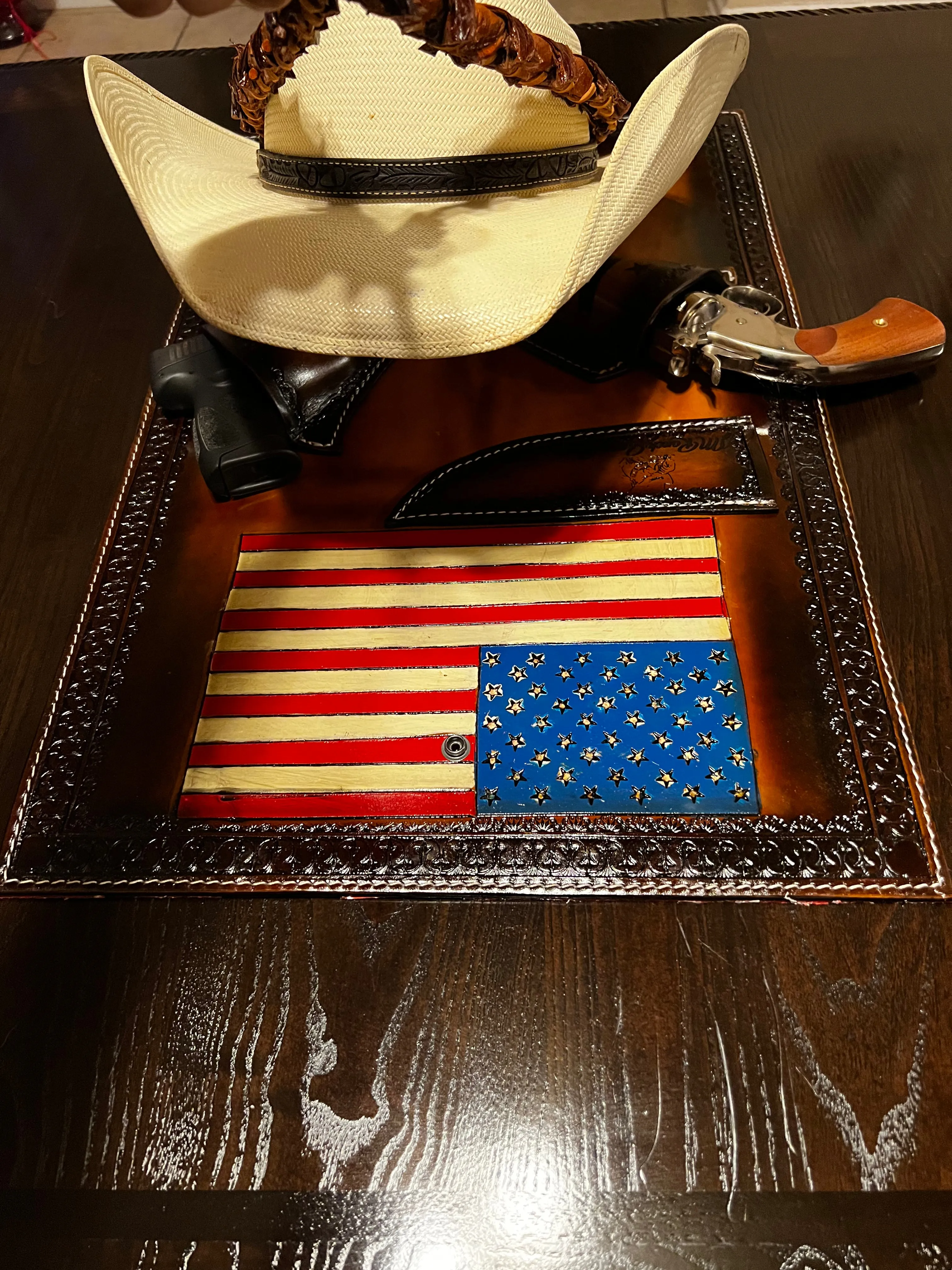 Jesse Marroquin’s Red, White, & Blue Edition Gun Holster Cowboy Hat Rack.