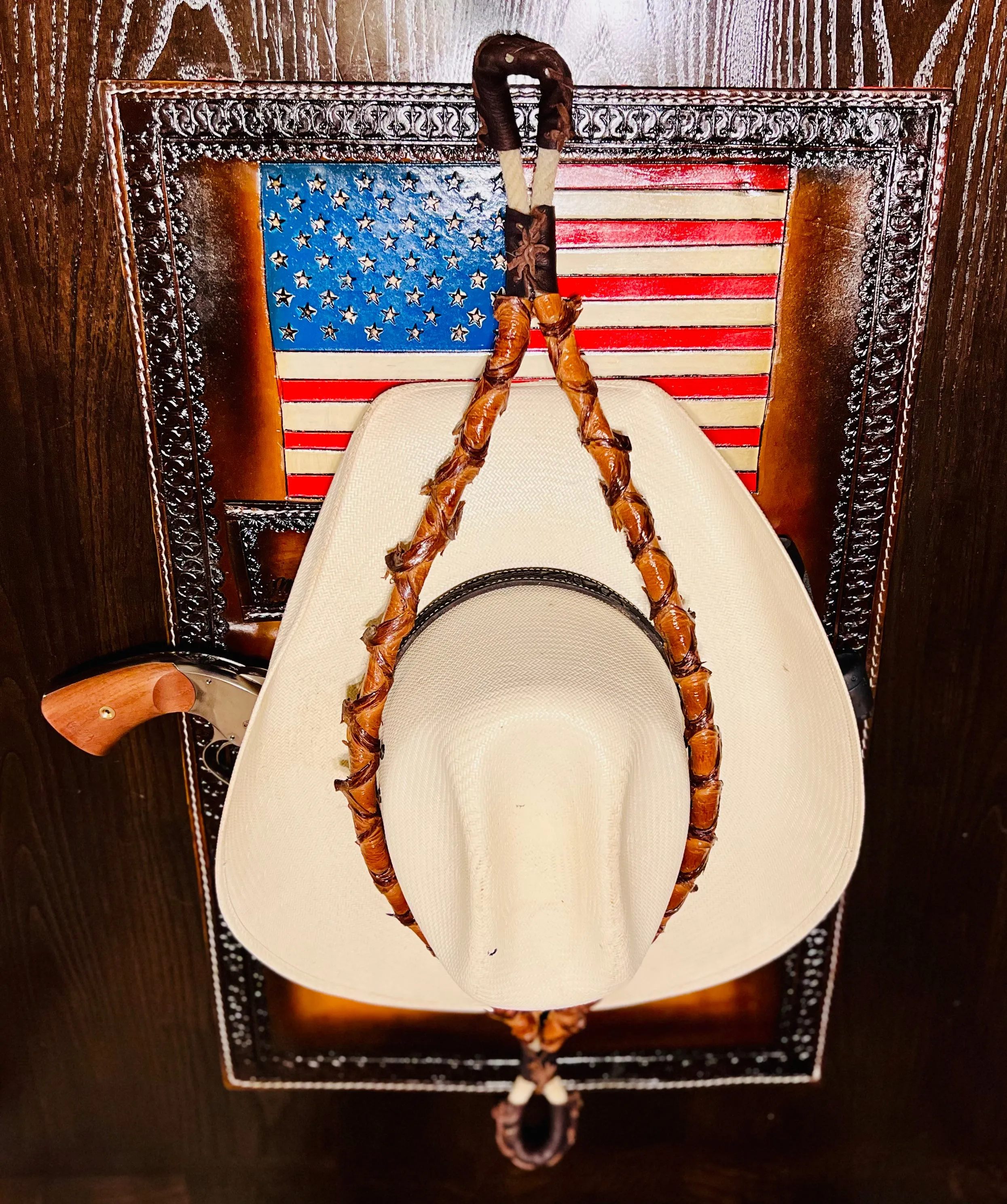 Jesse Marroquin’s Red, White, & Blue Edition Gun Holster Cowboy Hat Rack.