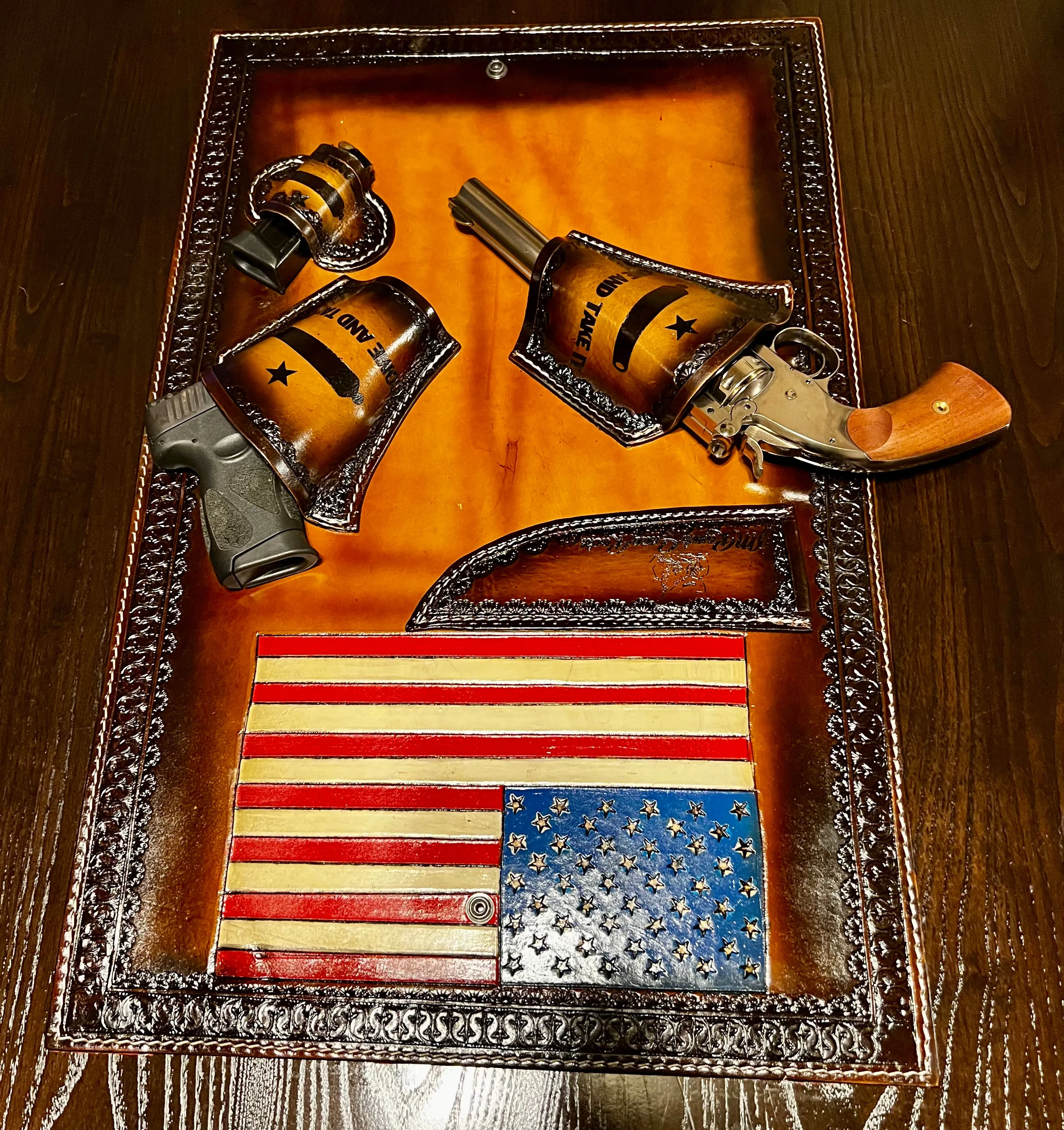 Jesse Marroquin’s Red, White, & Blue Edition Gun Holster Cowboy Hat Rack.