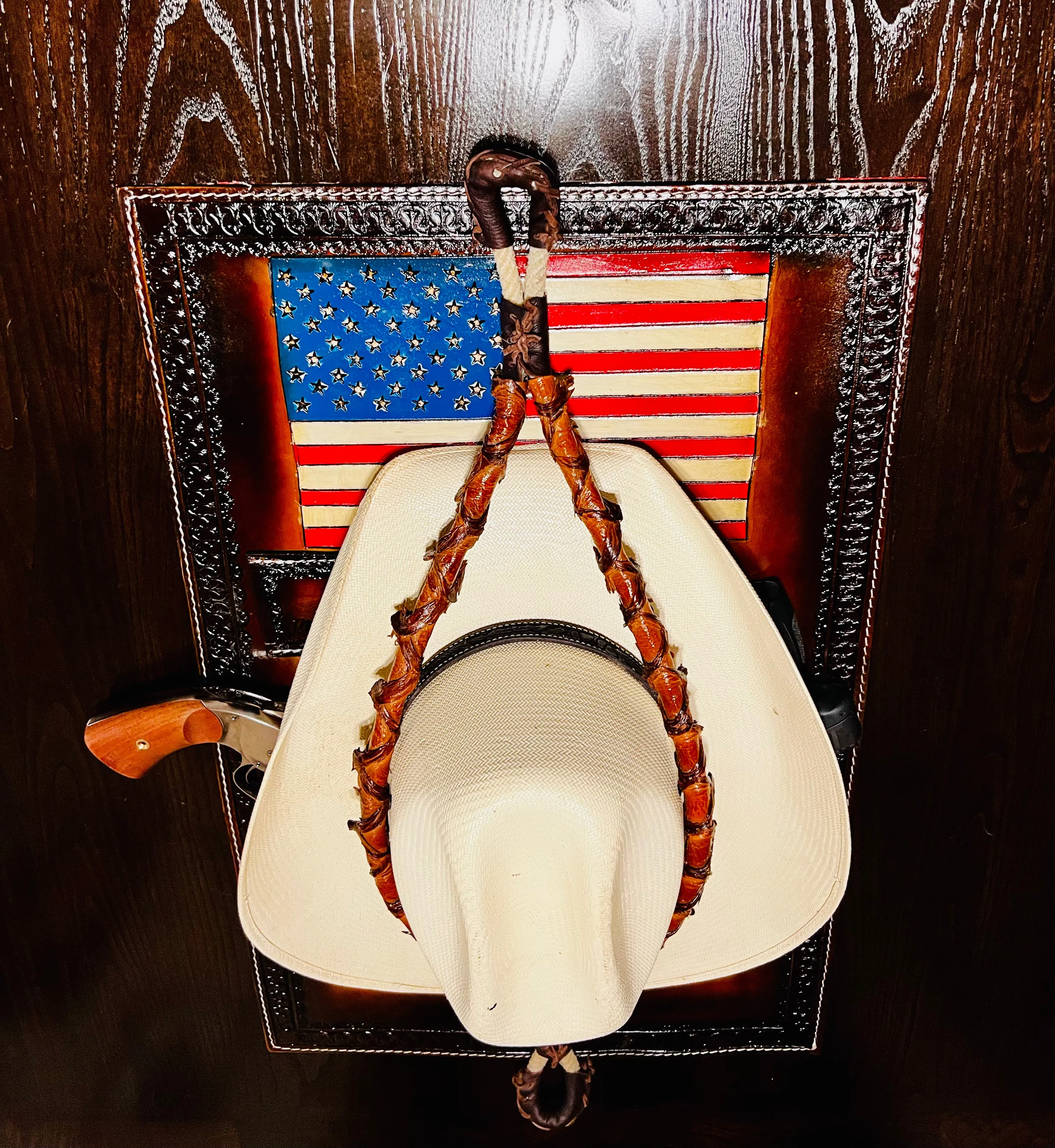 Jesse Marroquin’s Red, White, & Blue Edition Gun Holster Cowboy Hat Rack.