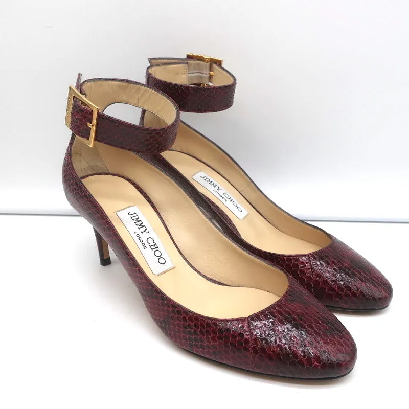 Jimmy Choo Helena 65 Pumps Bordeaux Elaphe Snakeskin Size 37 Ankle Strap Heels