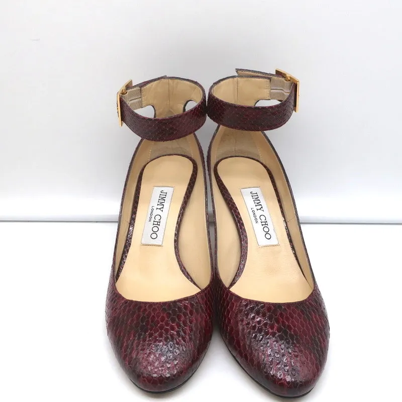 Jimmy Choo Helena 65 Pumps Bordeaux Elaphe Snakeskin Size 37 Ankle Strap Heels