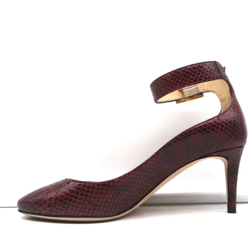 Jimmy Choo Helena 65 Pumps Bordeaux Elaphe Snakeskin Size 37 Ankle Strap Heels