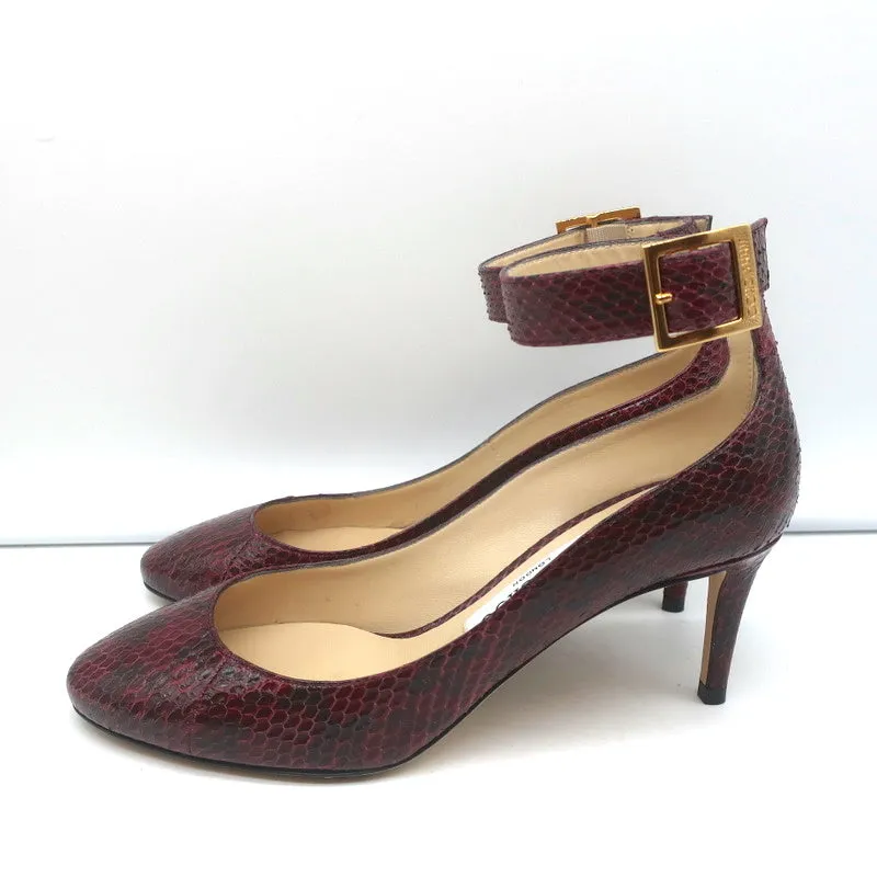 Jimmy Choo Helena 65 Pumps Bordeaux Elaphe Snakeskin Size 37 Ankle Strap Heels