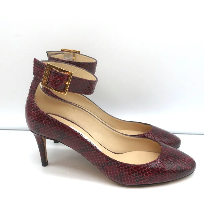 Jimmy Choo Helena 65 Pumps Bordeaux Elaphe Snakeskin Size 37 Ankle Strap Heels