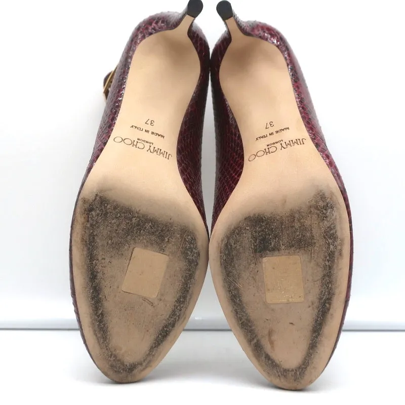 Jimmy Choo Helena 65 Pumps Bordeaux Elaphe Snakeskin Size 37 Ankle Strap Heels