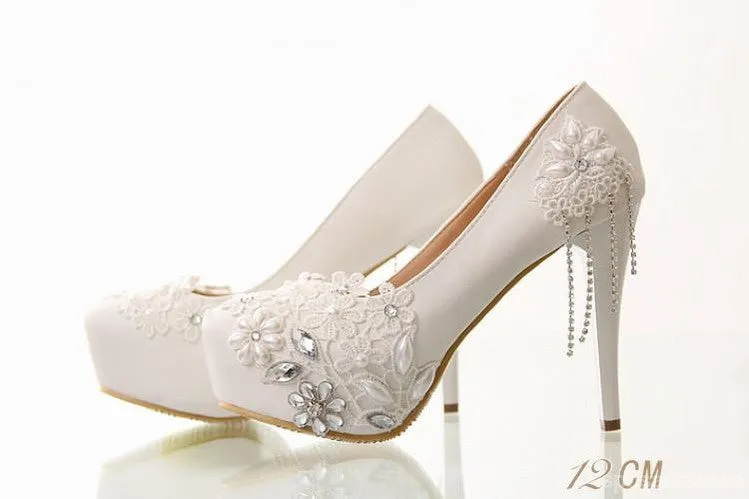 Lace Pearls Women Wedding Bridal Shoes With Pointed Toes, S019