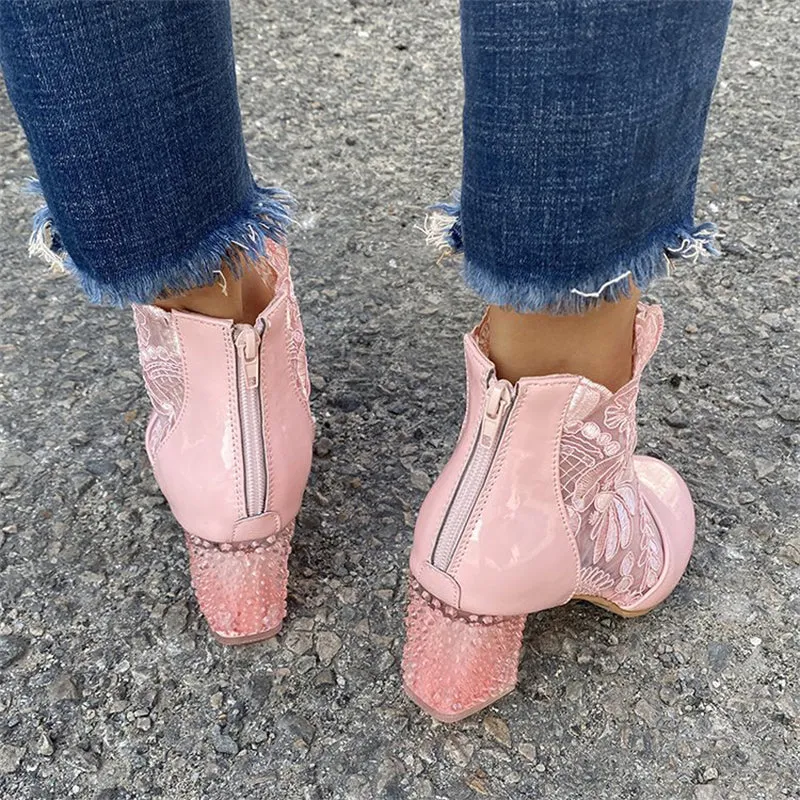Ladies Summer Trendy Chunky Heeled Lace Mesh Pumps
