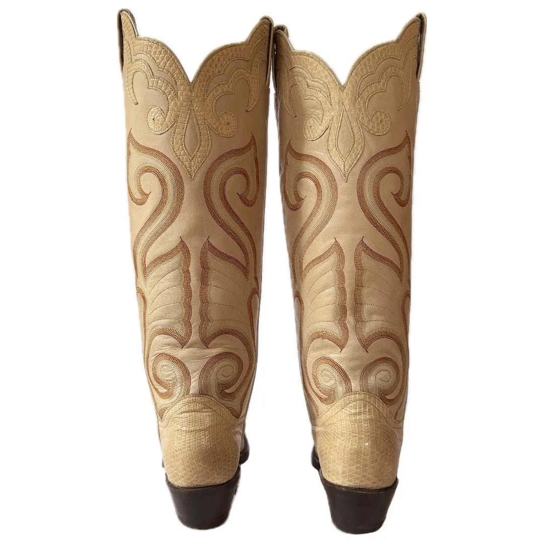 LARRY MAHAN Vintage Exotic Ivory Beige Knee High Cowboy Boots