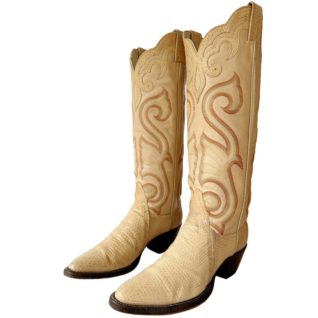 LARRY MAHAN Vintage Exotic Ivory Beige Knee High Cowboy Boots
