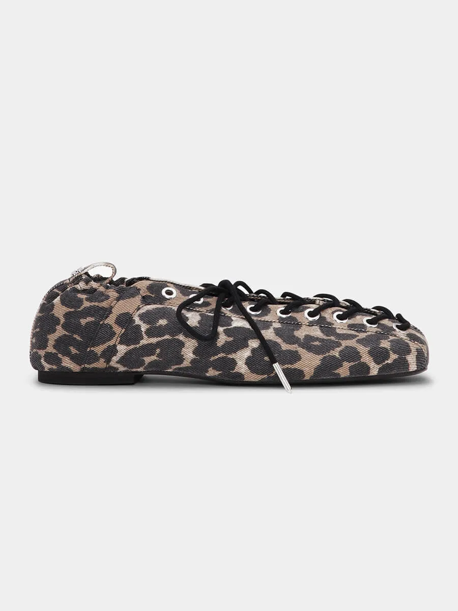 Leopard Printed Denim Lace-Up Ballerinas
