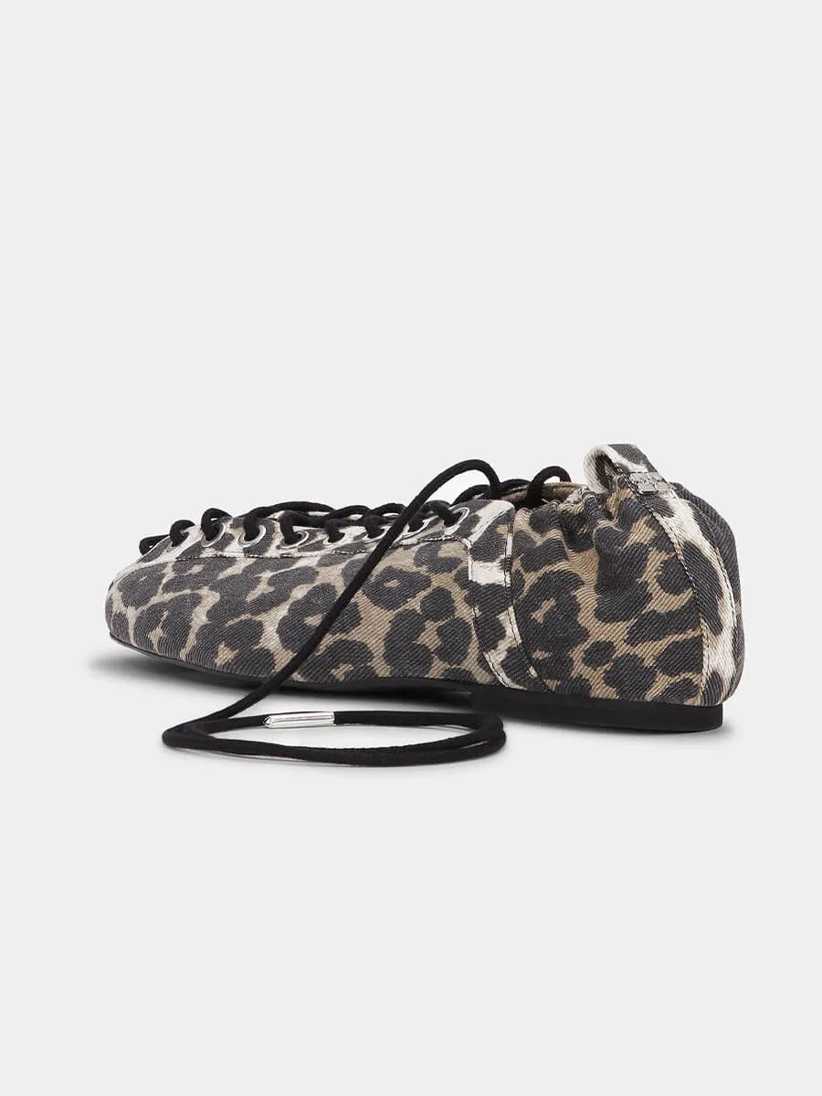 Leopard Printed Denim Lace-Up Ballerinas