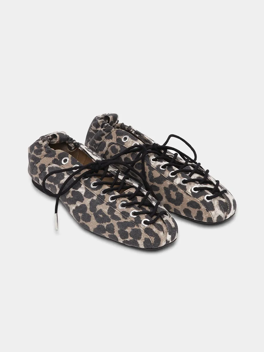 Leopard Printed Denim Lace-Up Ballerinas