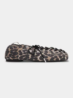 Leopard Printed Denim Lace-Up Ballerinas