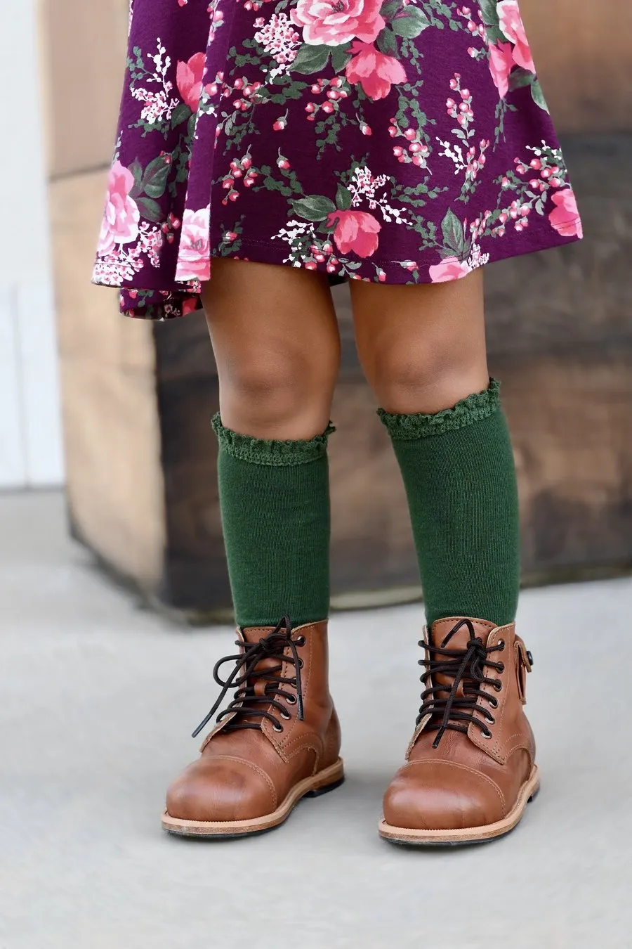 Little Stocking Co Lace Top Knee High Socks - Forest Green
