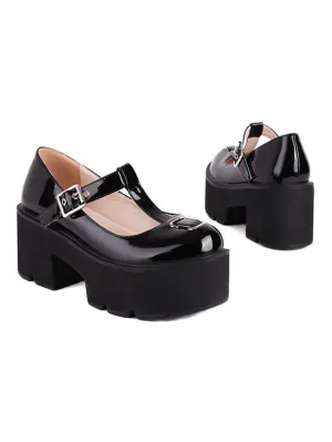 Lolita Pumps Black PU Leather Round Toe T-Strap Heels Lolita Shoes