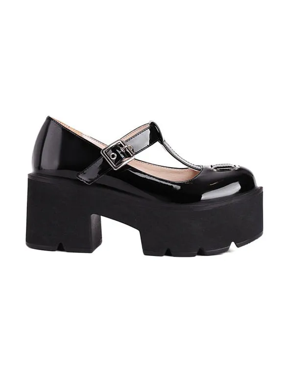 Lolita Pumps Black PU Leather Round Toe T-Strap Heels Lolita Shoes