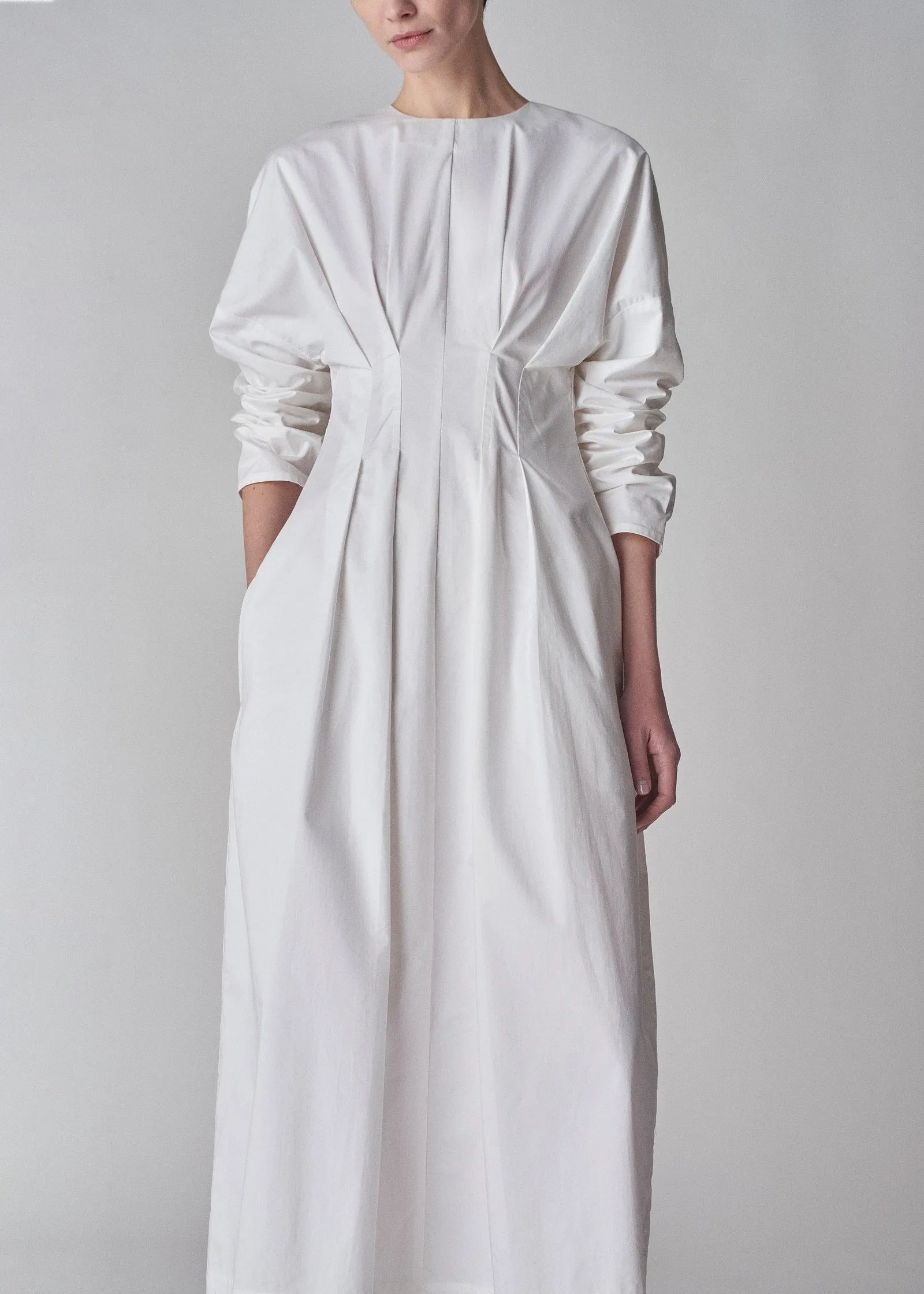 Long Sleeve Cinched Cotton Dress - White