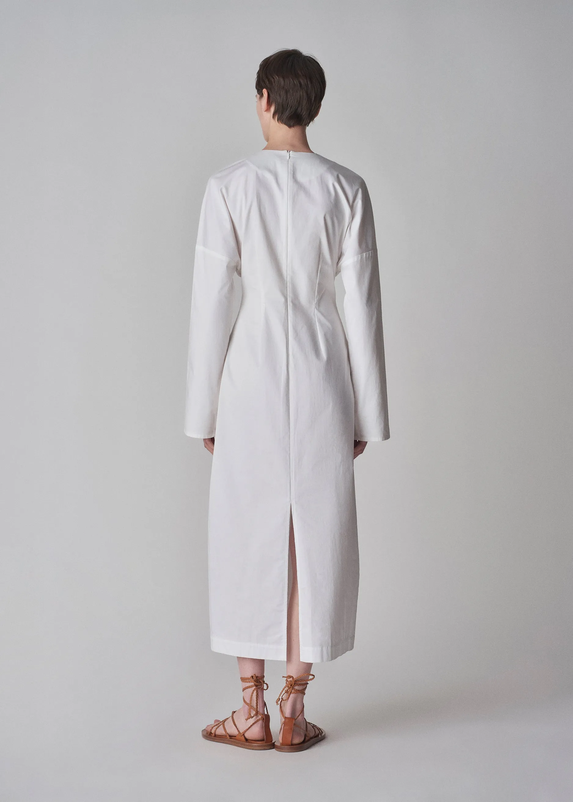 Long Sleeve Cinched Cotton Dress - White