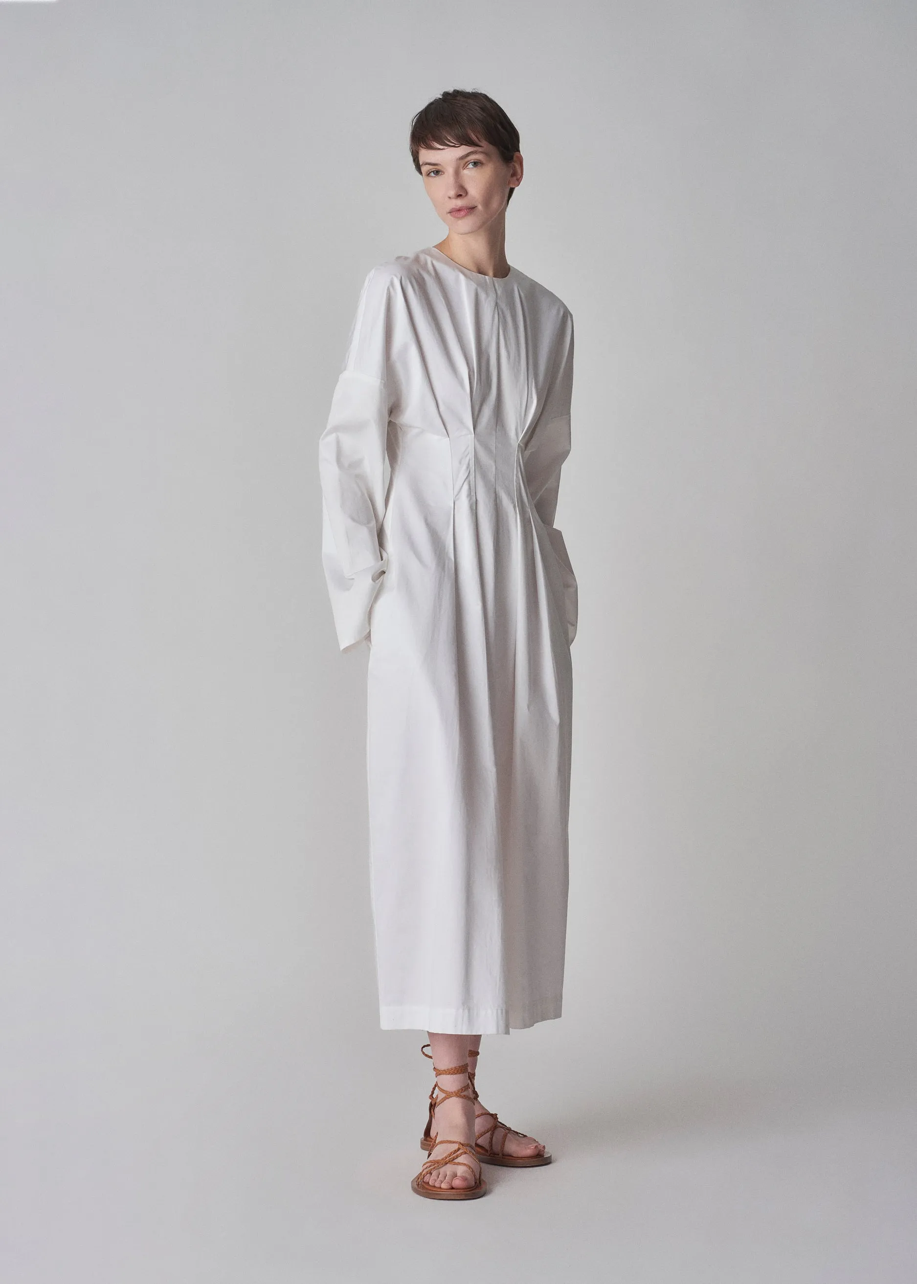 Long Sleeve Cinched Cotton Dress - White