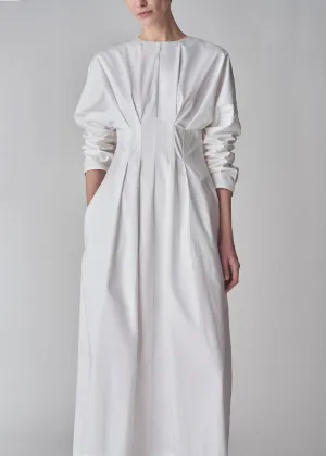 Long Sleeve Cinched Cotton Dress - White