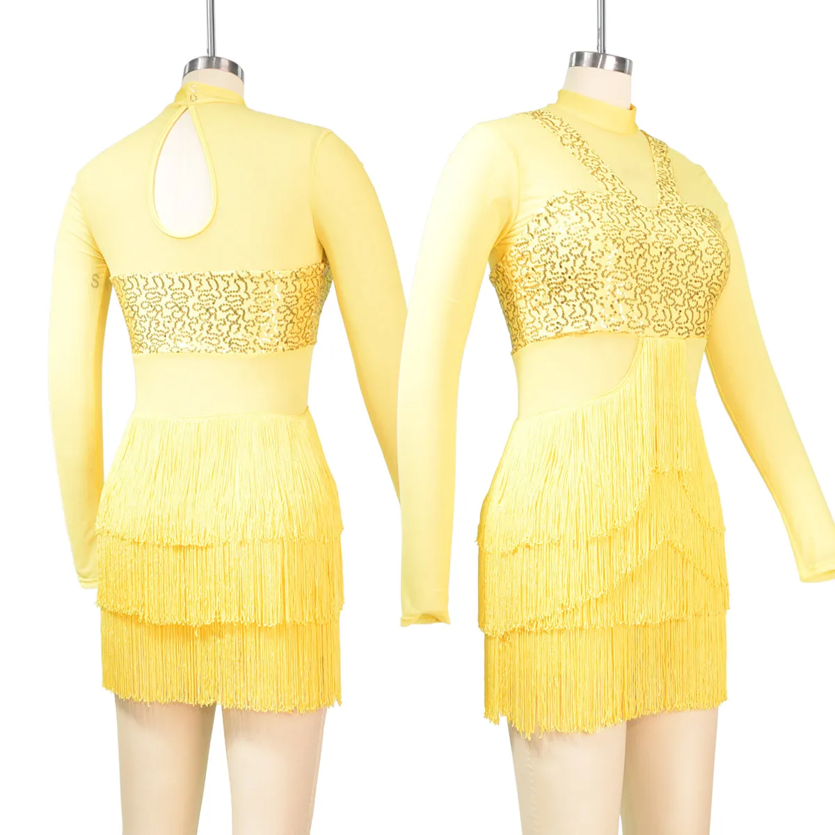Long Sleeves Fringes Tap Dress