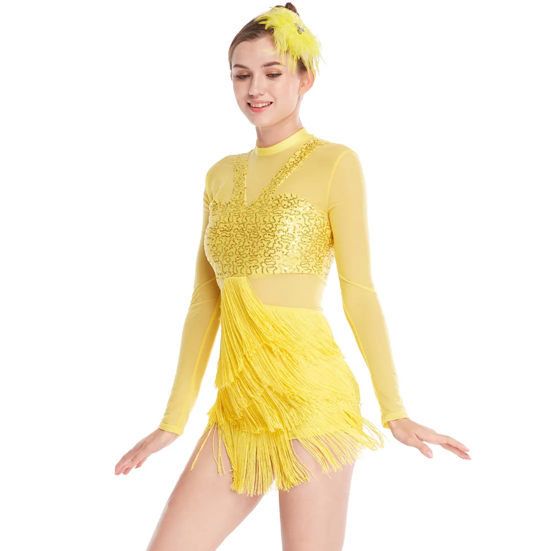 Long Sleeves Fringes Tap Dress