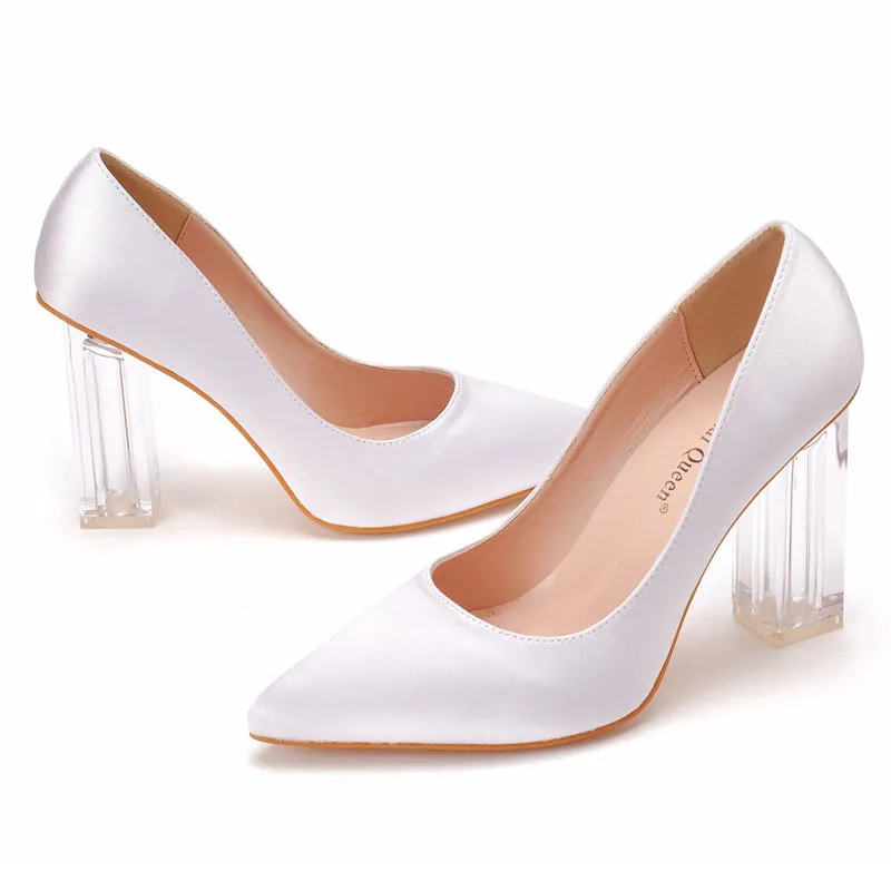 Luxury Satin Silk Pointed Toe Clear Heels Female Wedding Pumps