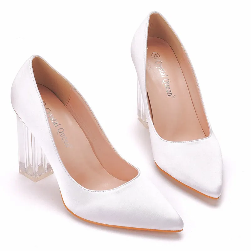 Luxury Satin Silk Pointed Toe Clear Heels Female Wedding Pumps