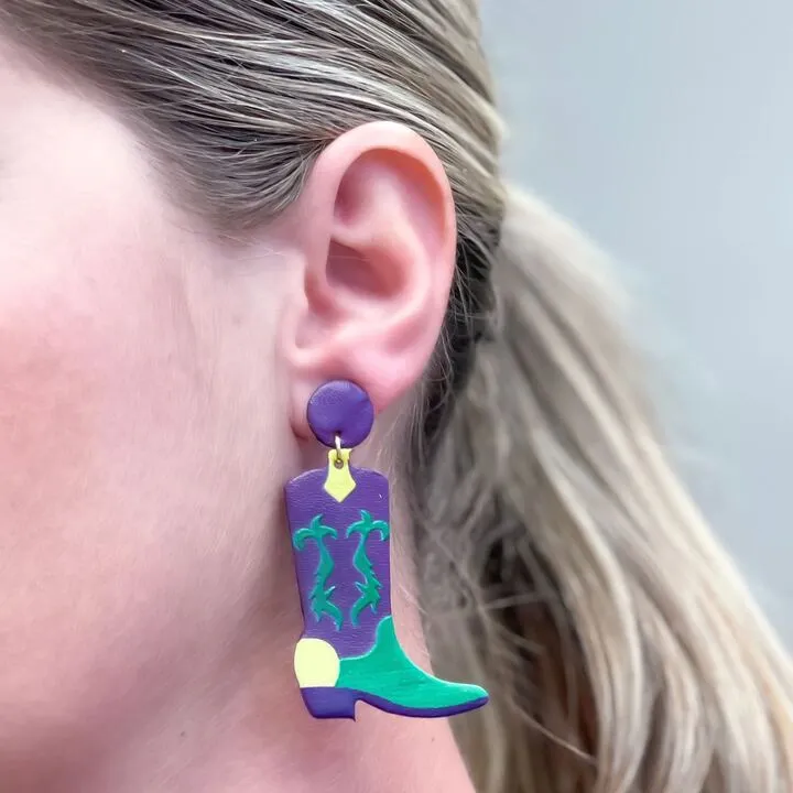 Mardi Gras Cowboy Boots Dangle Earrings