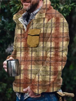 Men's Flannel Casual Retro Button Pullover Sweatshirt