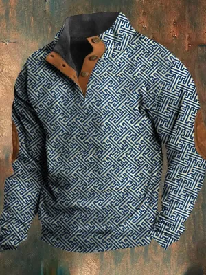 Men's Western Retro Print Element Design Stand Collar Button Sweatshirt