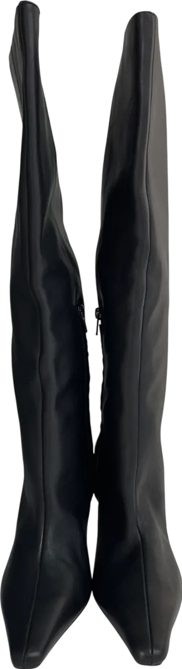 NA-KD Black Slim Toe Leather Knee High Boots UK 7 EU 40 👠